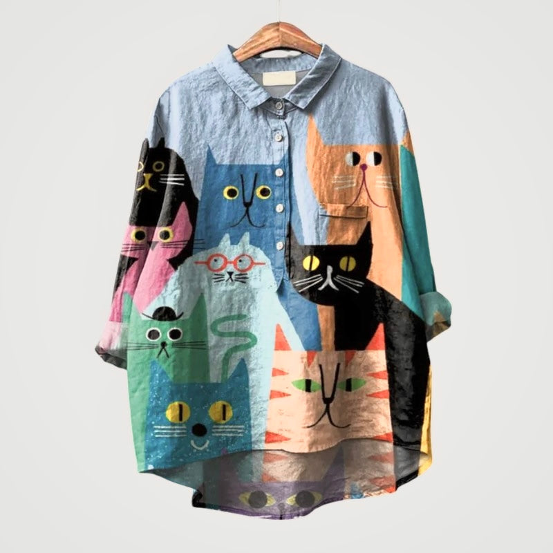 Cleo - Speelse Kattenprint Blouse